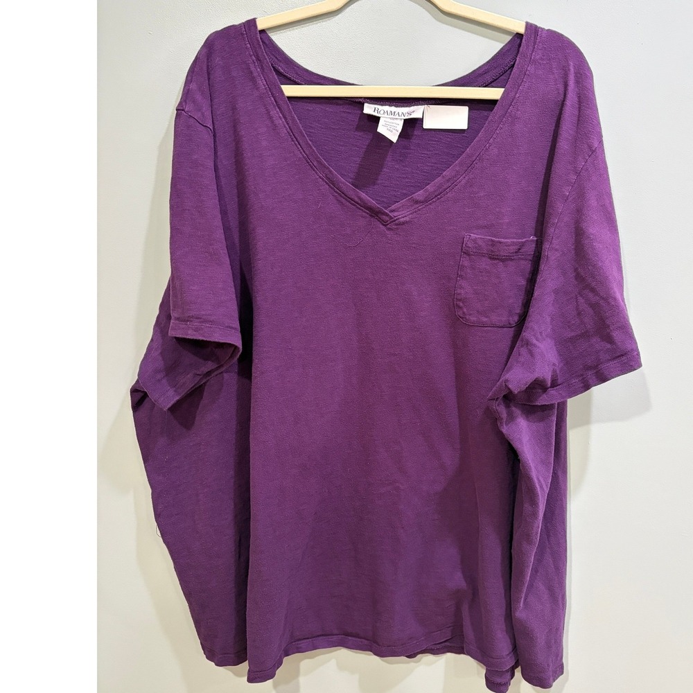 Roamans Purple V-Neck Pocket T-Shirt 100% Cotton Slub Tee 5X 07-7905-8